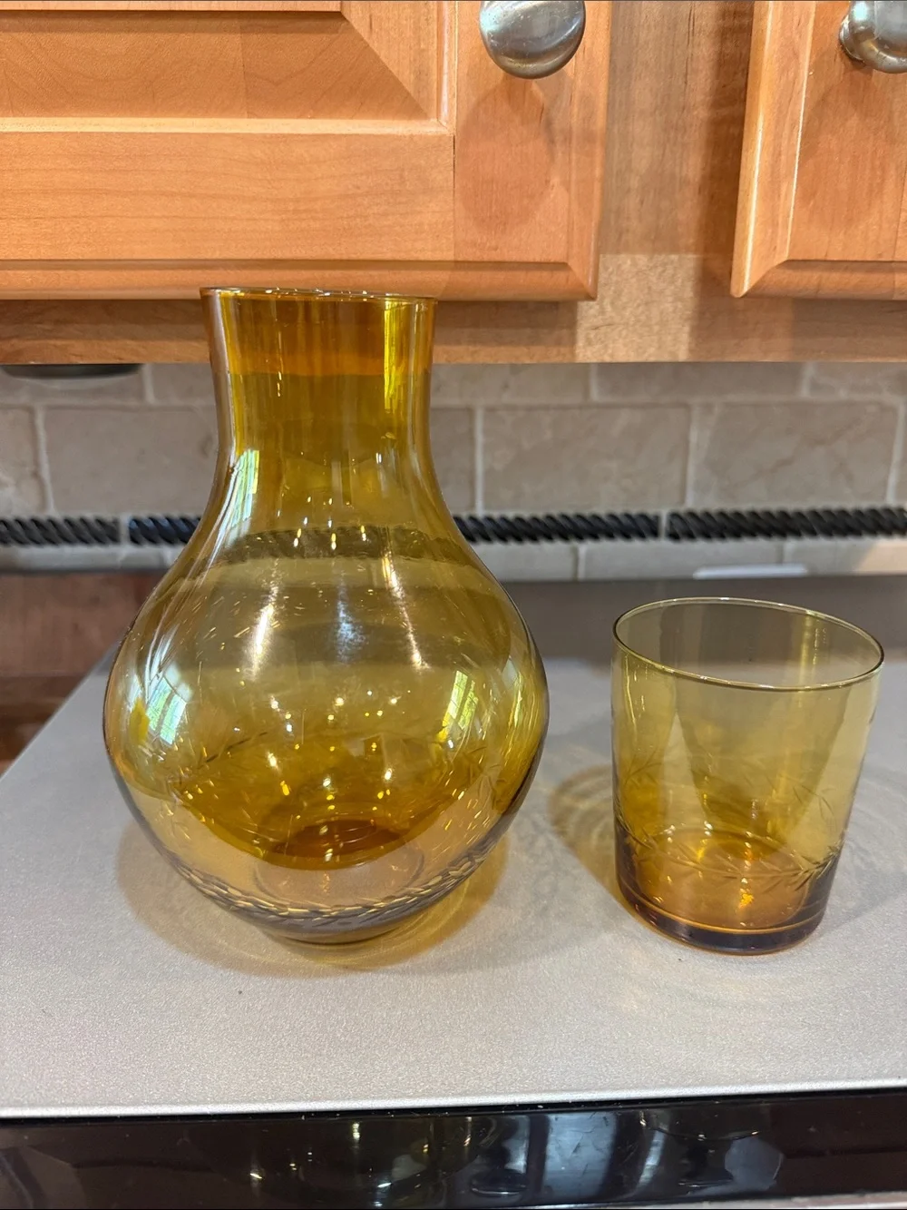 Amber Glass Decorative Carafe with Matching Glass  - Bedside or Barware